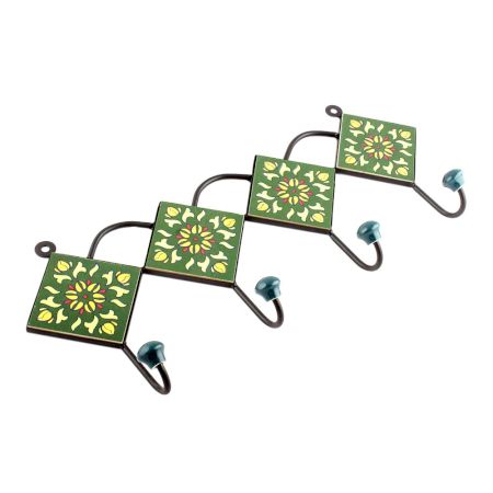 Forest Green Ceramic Floral Tiles Hooks